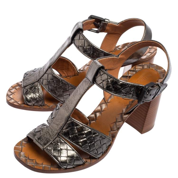 Pre Owned Bottega Veneta Metallic Grey Intrecciato Leather Block Heel Sandals Size 37