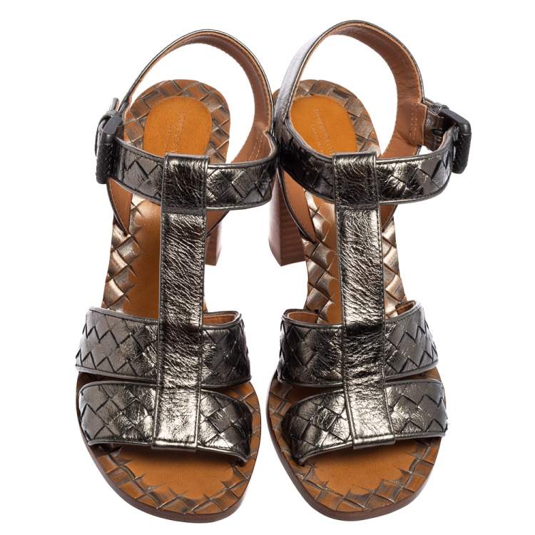 Pre Owned Bottega Veneta Metallic Grey Intrecciato Leather Block Heel Sandals Size 37