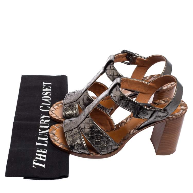 Pre Owned Bottega Veneta Metallic Grey Intrecciato Leather Block Heel Sandals Size 37