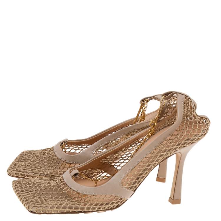 Pre Owned Bottega Veneta Beige Mesh Fabric And Leather Trim Stretch Pumps Size 37