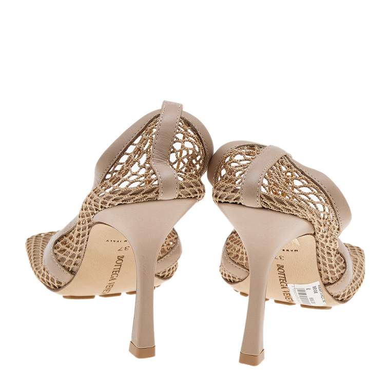 Pre Owned Bottega Veneta Beige Mesh Fabric And Leather Trim Stretch Pumps Size 37