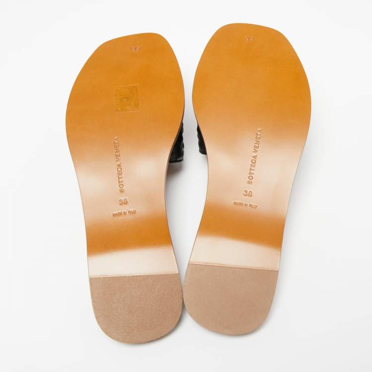 Pre Owned Bottega Veneta Black Intrecciato Leather Flat Slides Size 38