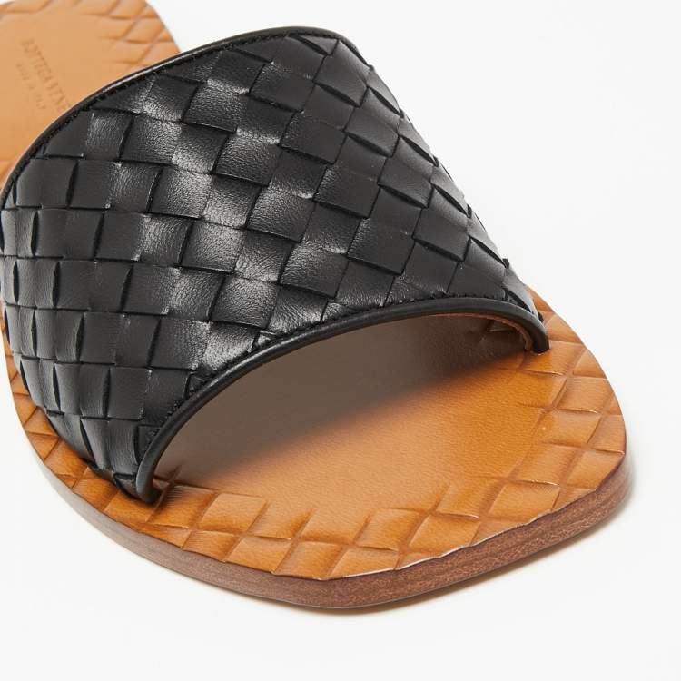 Pre Owned Bottega Veneta Black Intrecciato Leather Flat Slides Size 38
