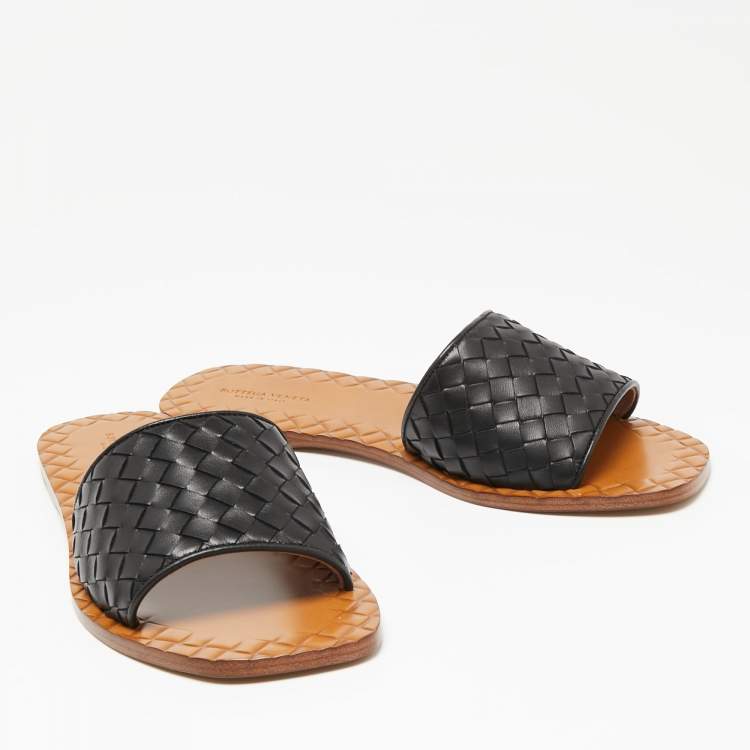 Pre Owned Bottega Veneta Black Intrecciato Leather Flat Slides Size 38