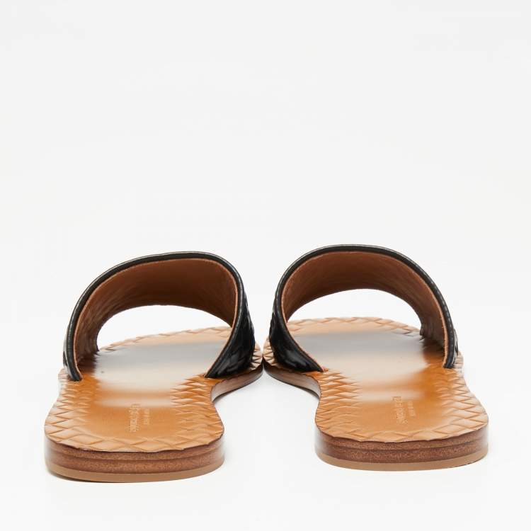 Pre Owned Bottega Veneta Black Intrecciato Leather Flat Slides Size 38