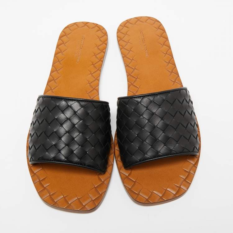 Pre Owned Bottega Veneta Black Intrecciato Leather Flat Slides Size 38