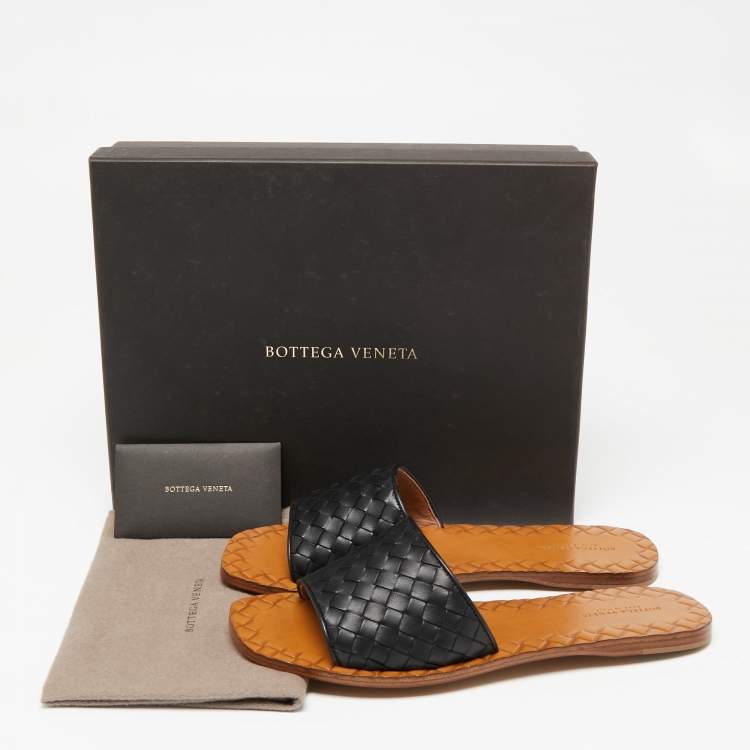 Pre Owned Bottega Veneta Black Intrecciato Leather Flat Slides Size 38