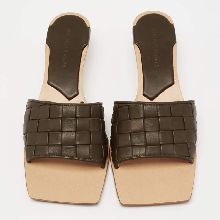 Pre Owned Bottega Veneta Olive Green Intrecciato Leather Square Toe Slide Sandals Size 39