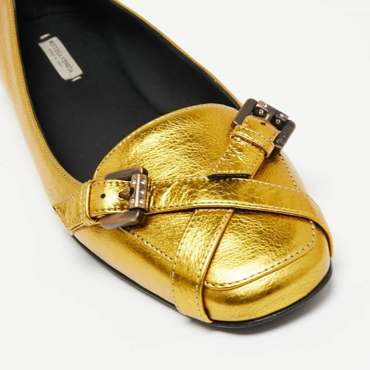 Pre Owned Bottega Veneta Gold Leather Ballet Flats Size 38
