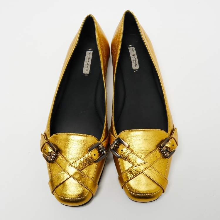 Pre Owned Bottega Veneta Gold Leather Ballet Flats Size 38