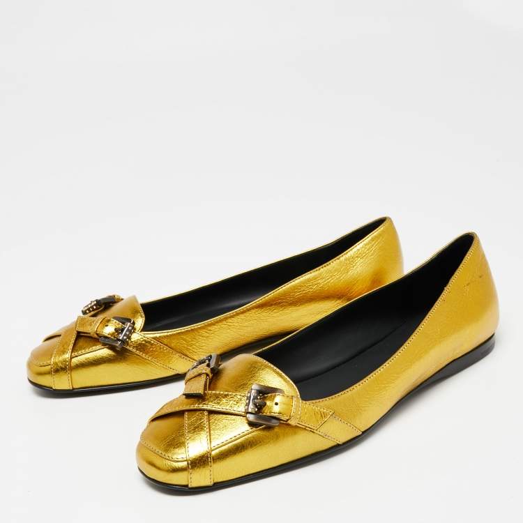 Pre Owned Bottega Veneta Gold Leather Ballet Flats Size 38