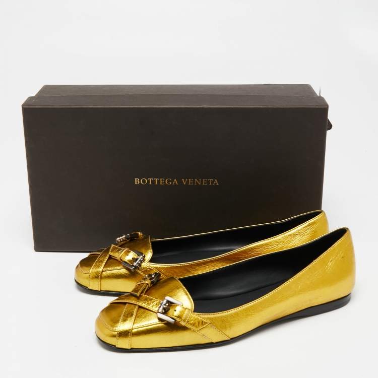 Pre Owned Bottega Veneta Gold Leather Ballet Flats Size 38