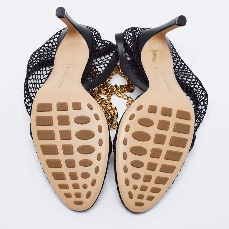 Pre Owned Bottega Veneta Black Mesh And Leather Trims Chain Embellished Ankle Cuff Pumps Size 39