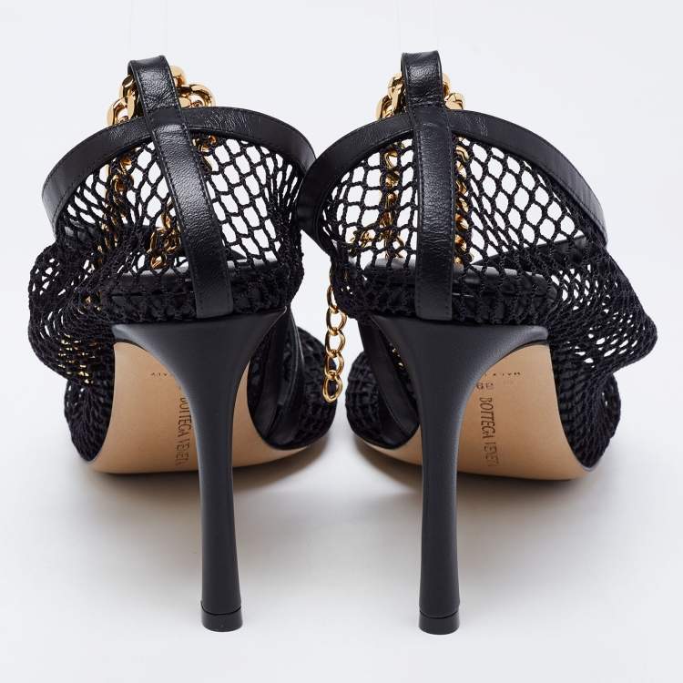 Pre Owned Bottega Veneta Black Mesh And Leather Trims Chain Embellished Ankle Cuff Pumps Size 39