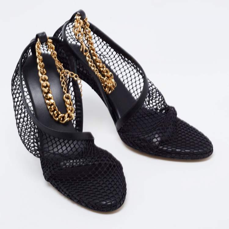 Pre Owned Bottega Veneta Black Mesh And Leather Trims Chain Embellished Ankle Cuff Pumps Size 39