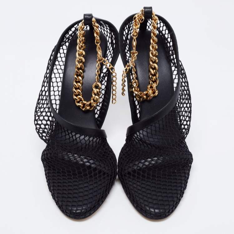 Pre Owned Bottega Veneta Black Mesh And Leather Trims Chain Embellished Ankle Cuff Pumps Size 39