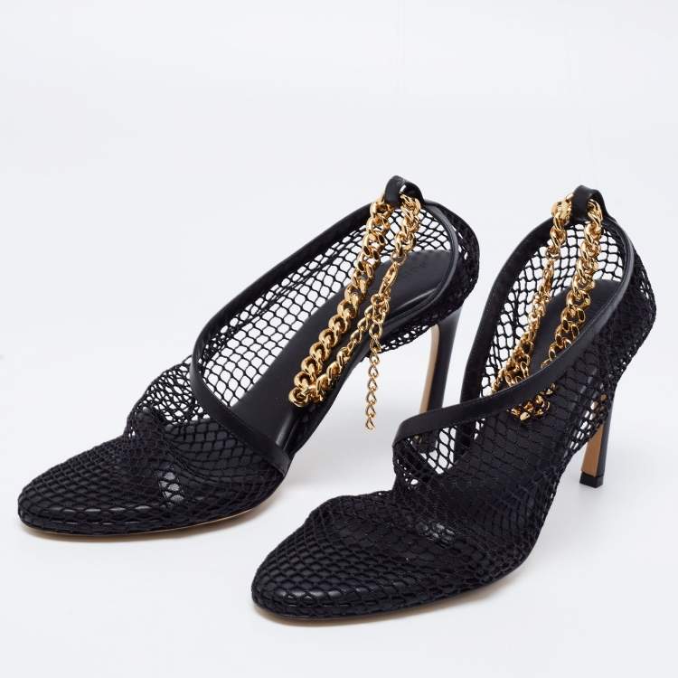 Pre Owned Bottega Veneta Black Mesh And Leather Trims Chain Embellished Ankle Cuff Pumps Size 39