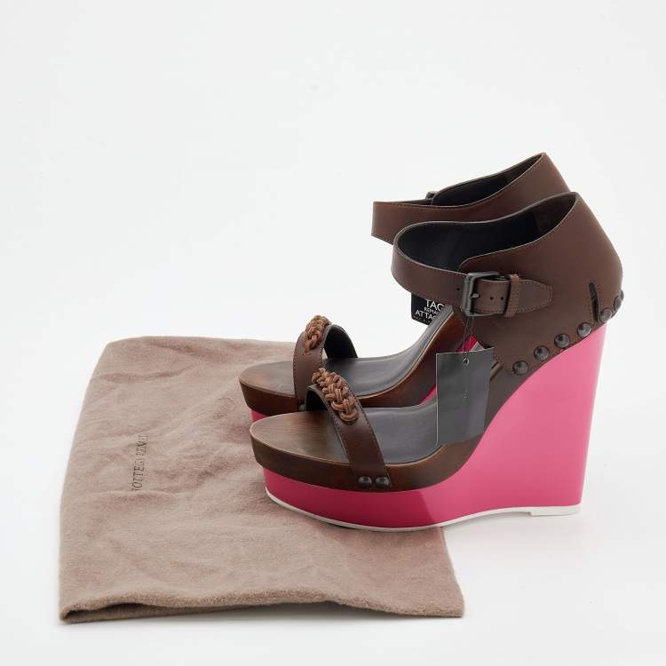 Pre Owned Bottega Veneta Brown Leather Platform Wedge Sandals Size 40.5
