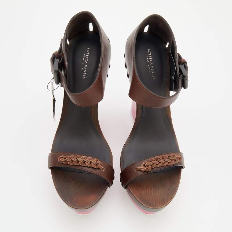 Pre Owned Bottega Veneta Brown Leather Platform Wedge Sandals Size 40.5