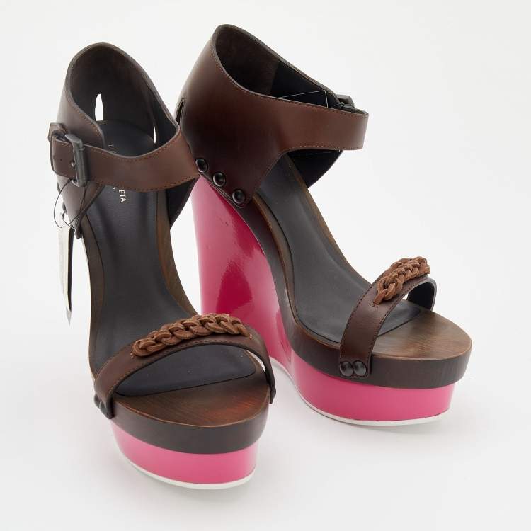 Pre Owned Bottega Veneta Brown Leather Platform Wedge Sandals Size 40.5