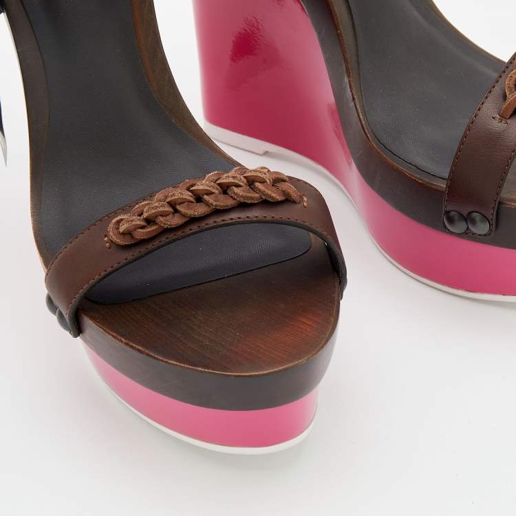 Pre Owned Bottega Veneta Brown Leather Platform Wedge Sandals Size 40.5