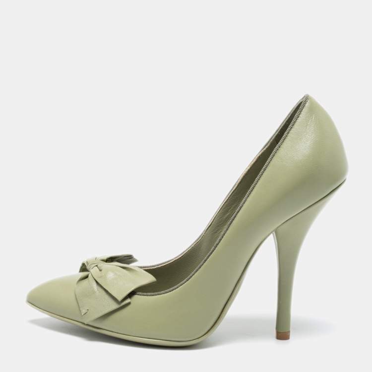 Pre Owned Bottega Veneta Mint Green Leather Bow Pumps Size 36.5