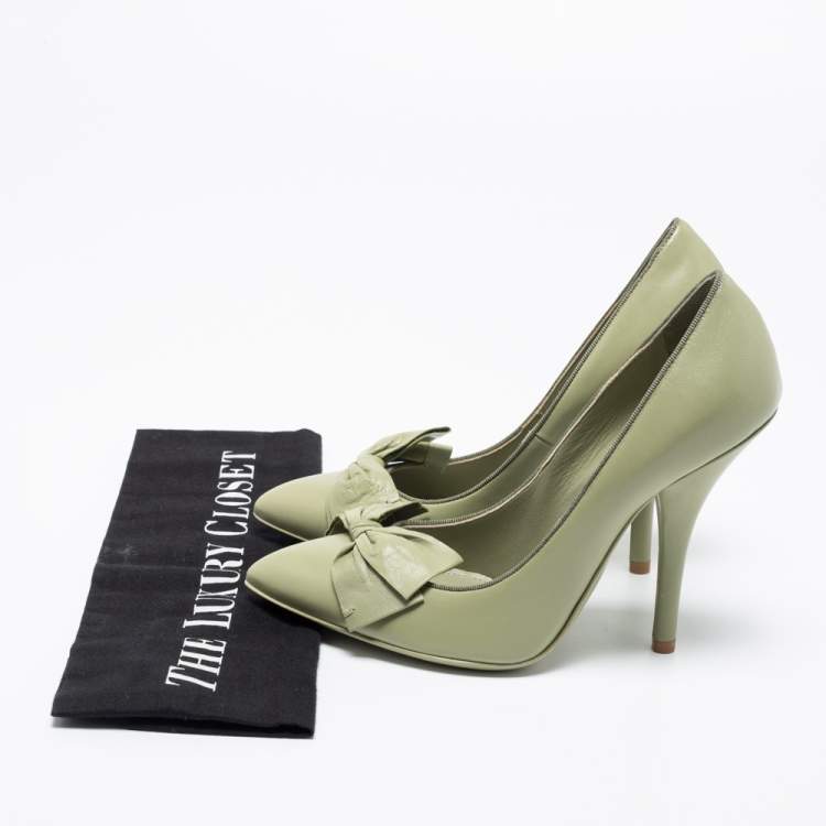 Pre Owned Bottega Veneta Mint Green Leather Bow Pumps Size 36.5
