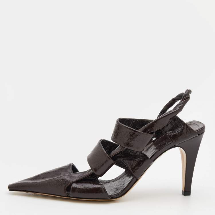 Bottega Veneta Dark Brown Leather BV Pointed Toe Slingback Sandals 