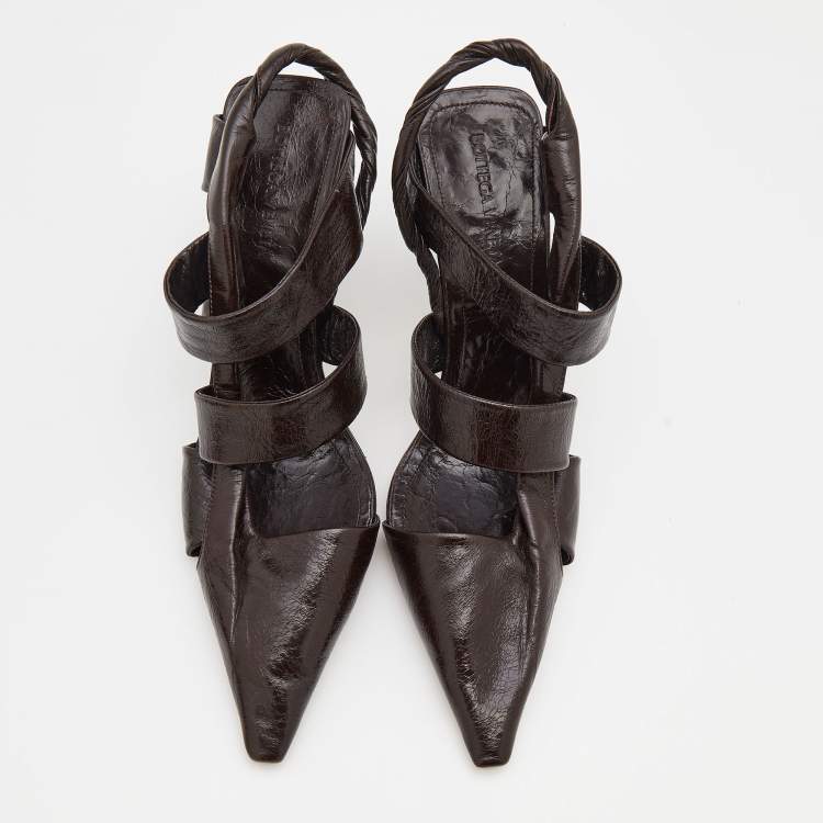 Pre Owned Bottega Veneta Dark Brown Leather BV Pointed Toe Slingback Sandals Size 40