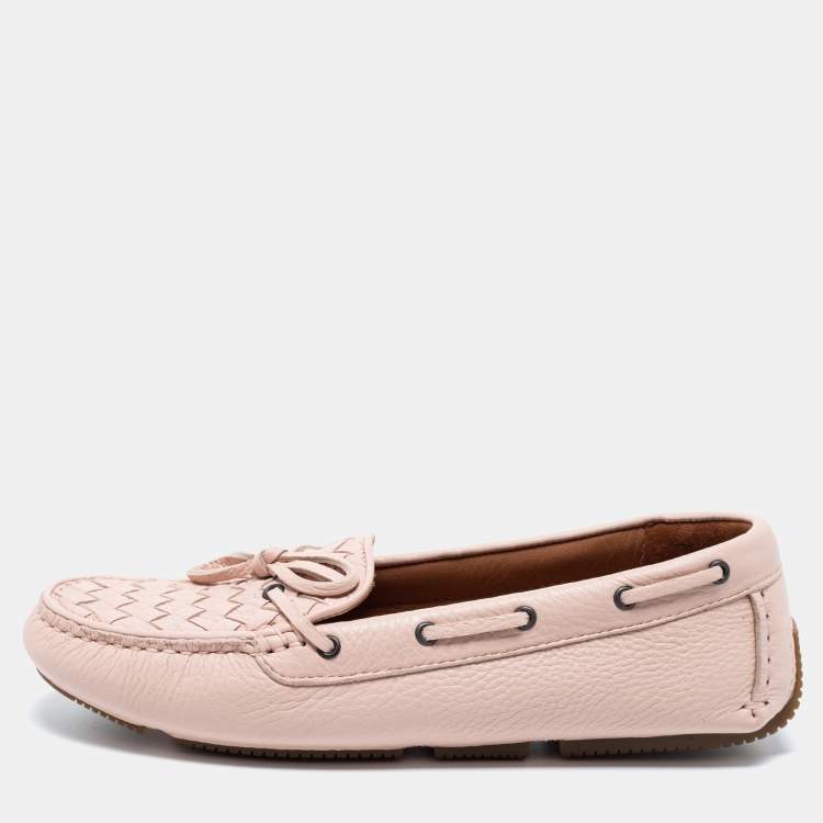 Pre Owned Bottega Veneta Light Pink Intrecciato Leather Bow Slip-On Loafers Size 37.5