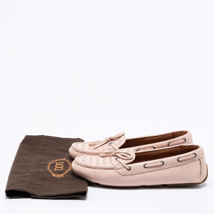 Pre Owned Bottega Veneta Light Pink Intrecciato Leather Bow Slip-On Loafers Size 37.5