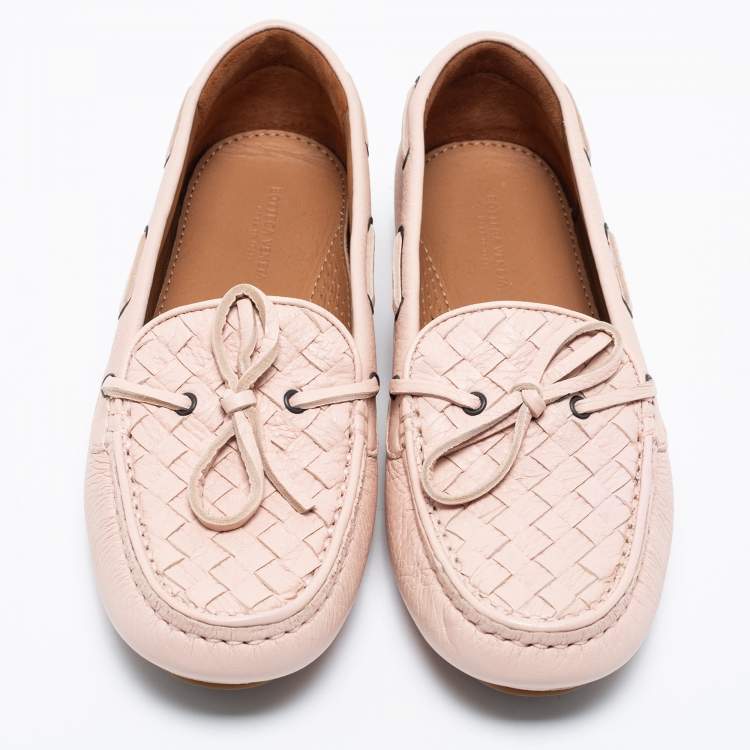 Pre Owned Bottega Veneta Light Pink Intrecciato Leather Bow Slip-On Loafers Size 37.5