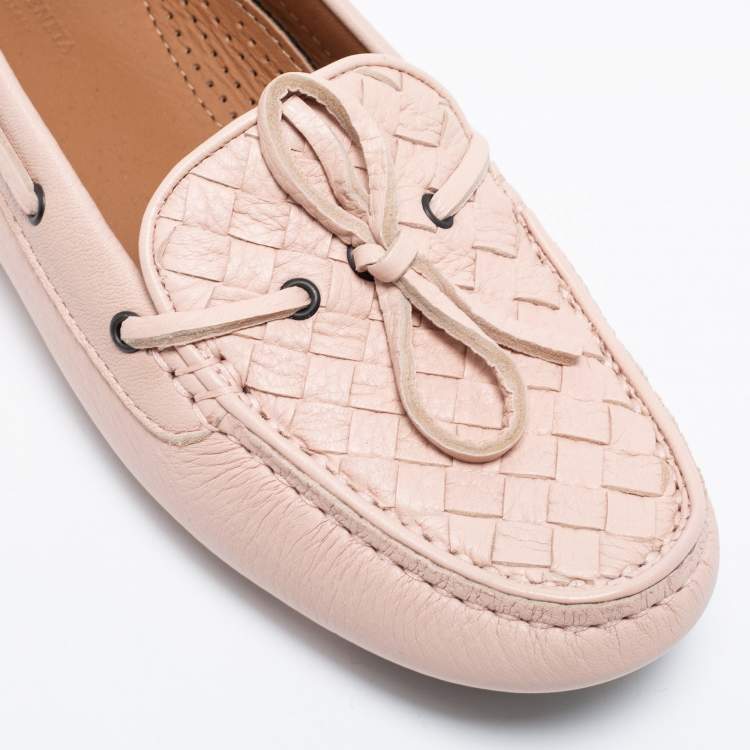 Pre Owned Bottega Veneta Light Pink Intrecciato Leather Bow Slip-On Loafers Size 37.5