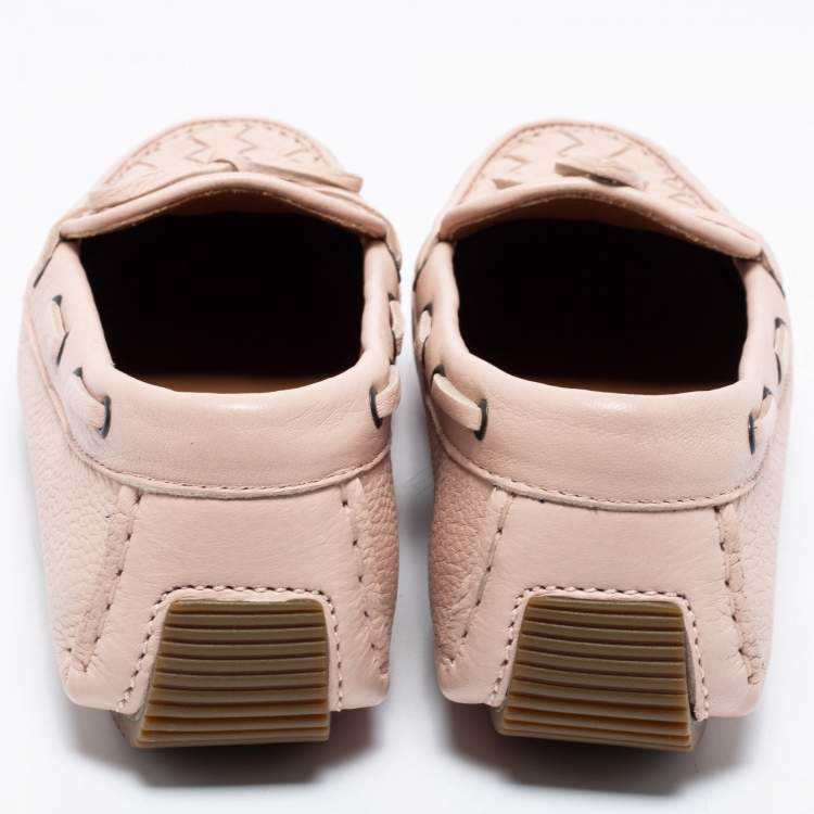 Pre Owned Bottega Veneta Light Pink Intrecciato Leather Bow Slip-On Loafers Size 37.5