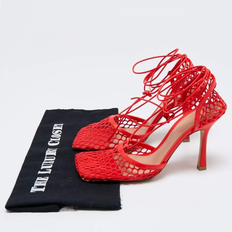 Pre Owned Bottega Veneta Coral Red Mesh and Leather Stretch Wrap Around Pumps Size 39