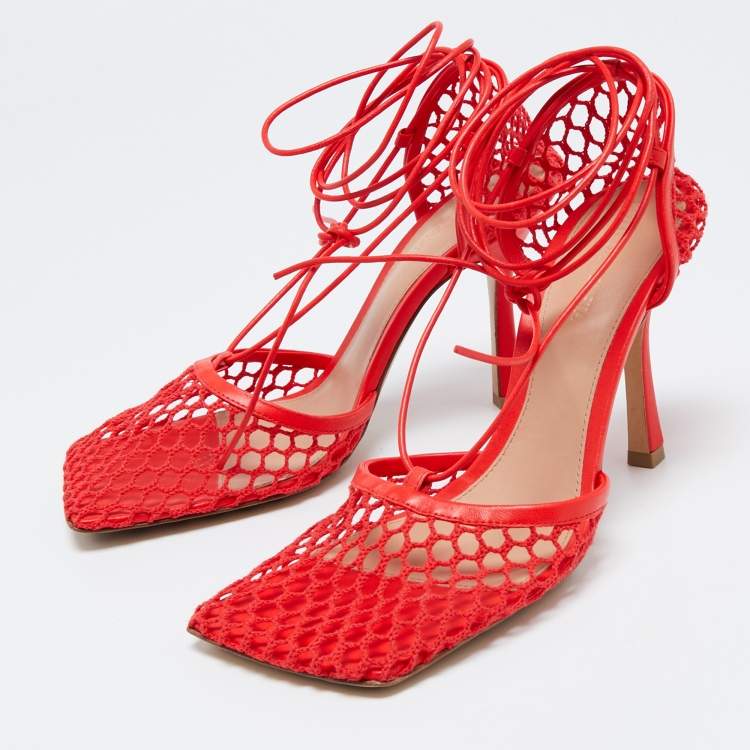Pre Owned Bottega Veneta Coral Red Mesh and Leather Stretch Wrap Around Pumps Size 39