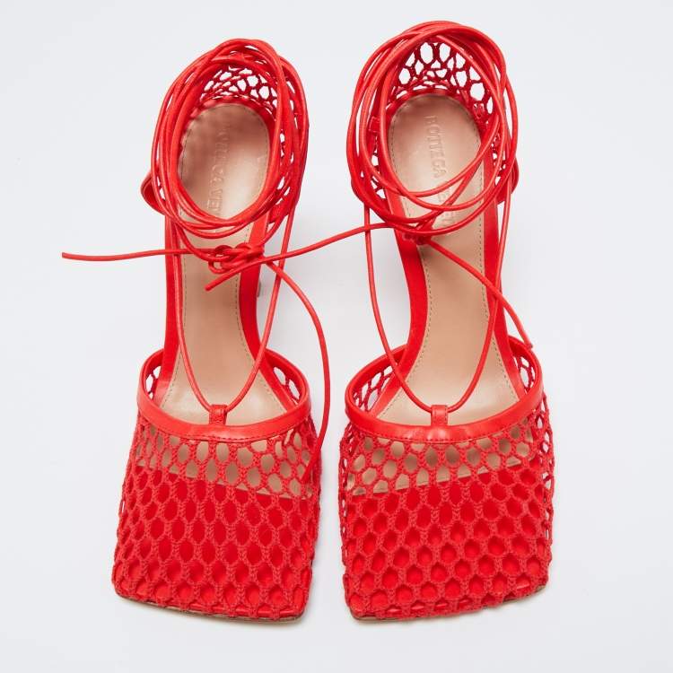Pre Owned Bottega Veneta Coral Red Mesh and Leather Stretch Wrap Around Pumps Size 39