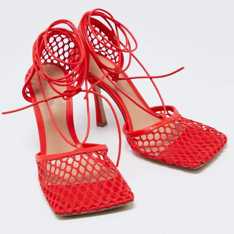Pre Owned Bottega Veneta Coral Red Mesh and Leather Stretch Wrap Around Pumps Size 39