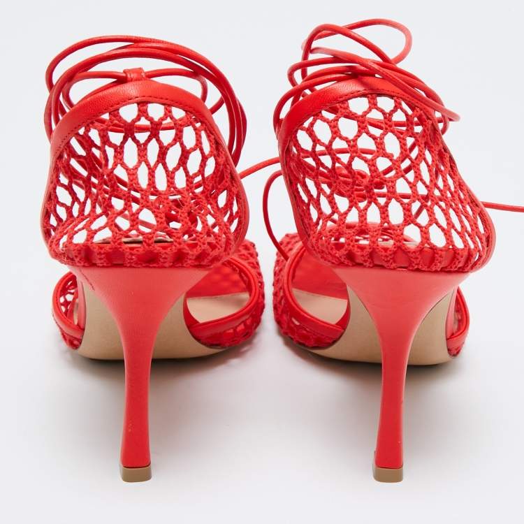 Pre Owned Bottega Veneta Coral Red Mesh and Leather Stretch Wrap Around Pumps Size 39