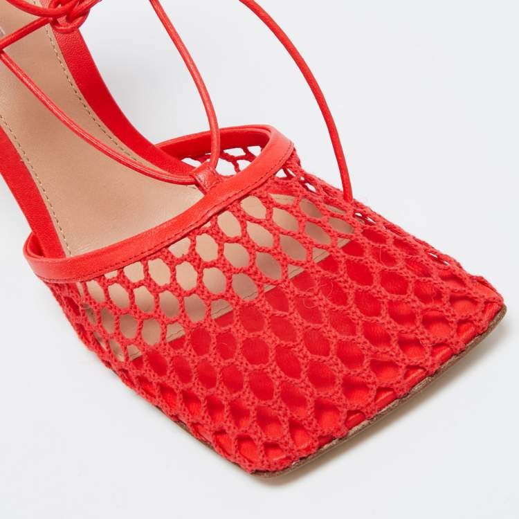 Pre Owned Bottega Veneta Coral Red Mesh and Leather Stretch Wrap Around Pumps Size 39