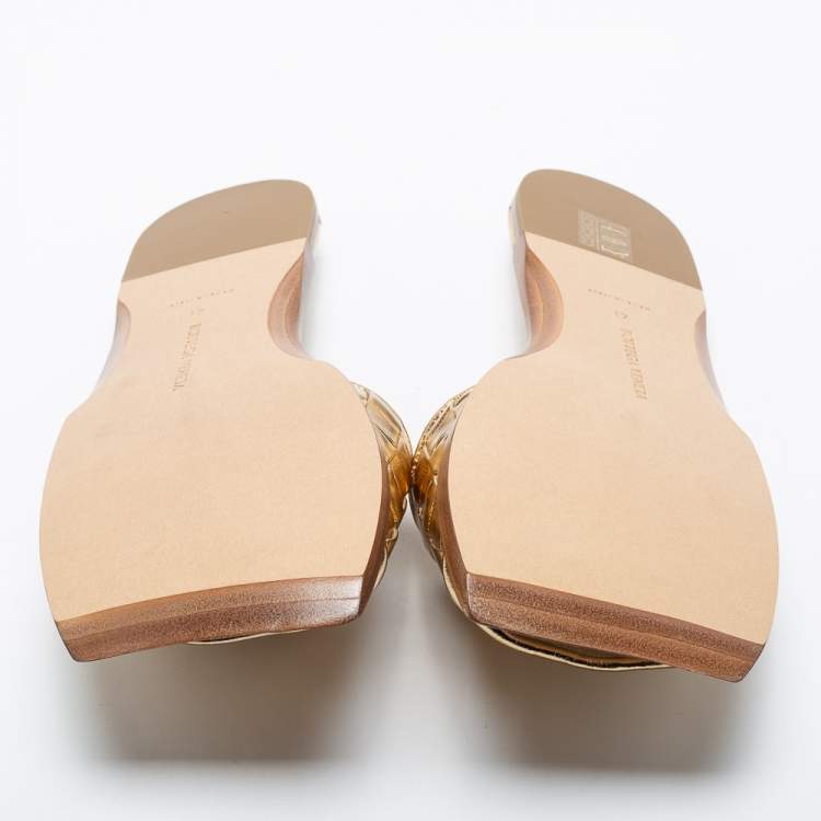 Pre Owned Bottega Veneta Metallic Gold Intrecciato Leather Square Toe Flat Slides Size 41