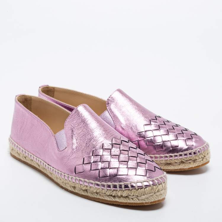 Pre Owned Bottega Veneta Metallic Purple Intrecciato Leather Espadrille Flats Size 36