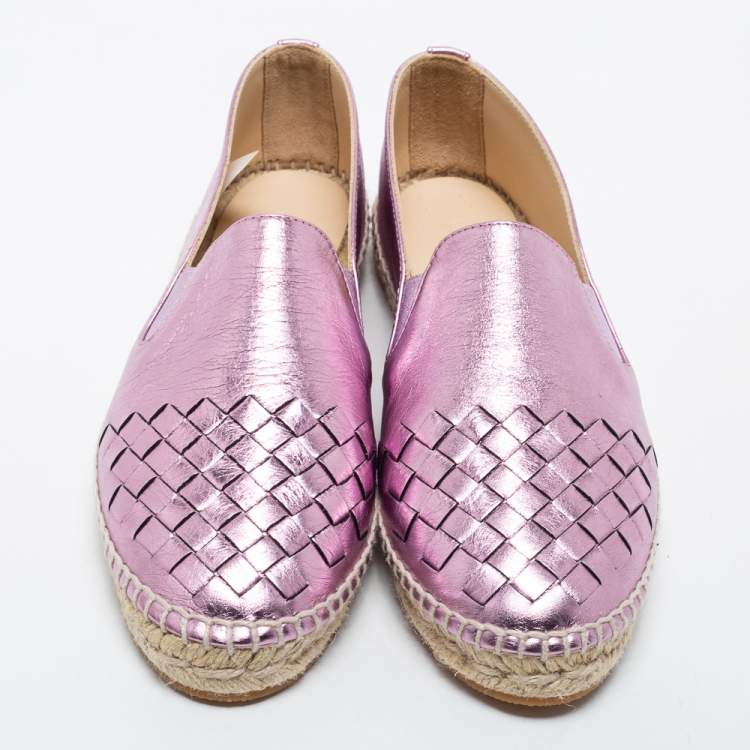 Pre Owned Bottega Veneta Metallic Purple Intrecciato Leather Espadrille Flats Size 36