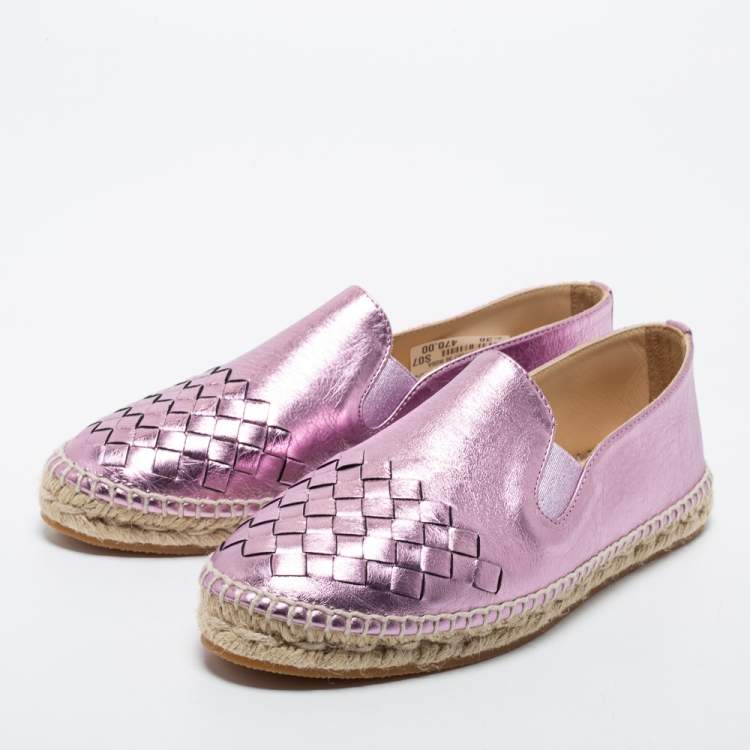 Pre Owned Bottega Veneta Metallic Purple Intrecciato Leather Espadrille Flats Size 36