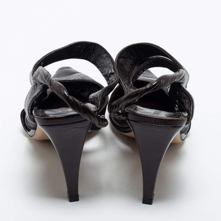 Pre Owned Bottega Veneta Dark Brown Leather BV Slingback Pumps Size 37.5