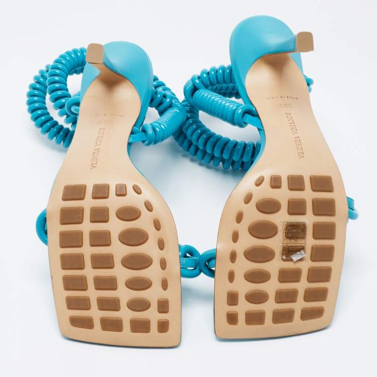 Pre Owned Bottega Veneta Blue  Leather Strech Ankle Wrap Sandals Size 38.5