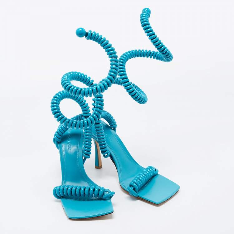 Pre Owned Bottega Veneta Blue  Leather Strech Ankle Wrap Sandals Size 38.5