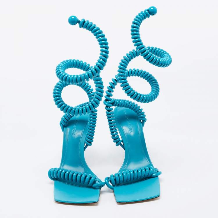 Pre Owned Bottega Veneta Blue  Leather Strech Ankle Wrap Sandals Size 38.5