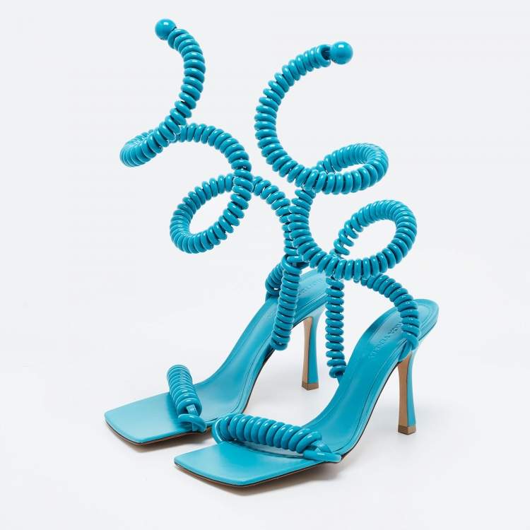 Pre Owned Bottega Veneta Blue  Leather Strech Ankle Wrap Sandals Size 38.5