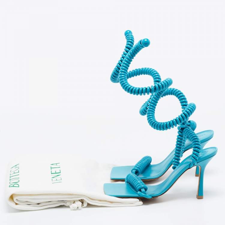 Pre Owned Bottega Veneta Blue  Leather Strech Ankle Wrap Sandals Size 38.5
